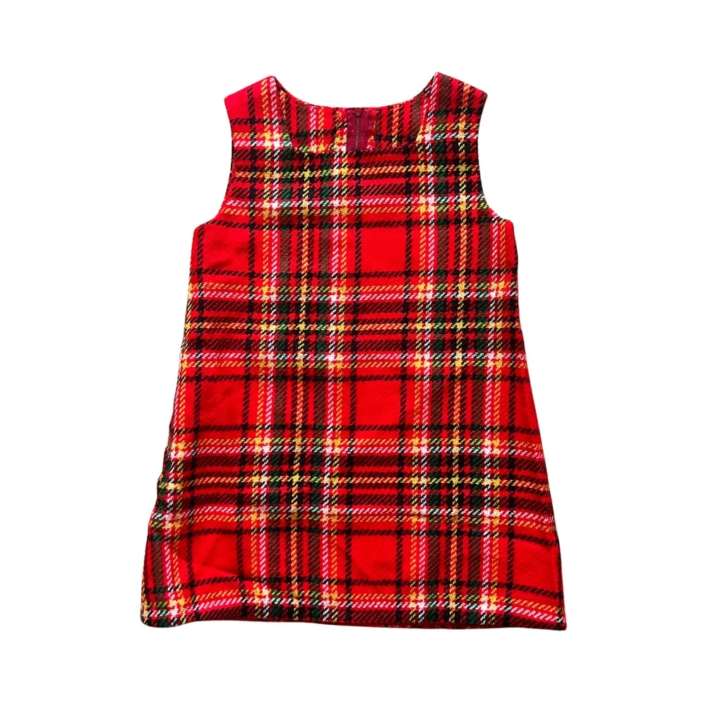 Vtg 60s Girls Red Tartan Plaid Jumper Dress Mod Preppy Academia Classic Holiday